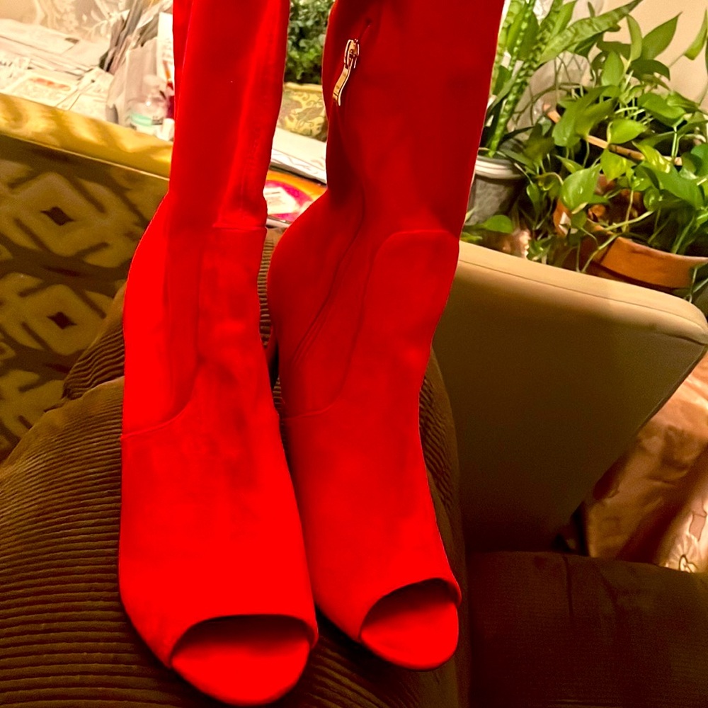 Red peep toe heel boots